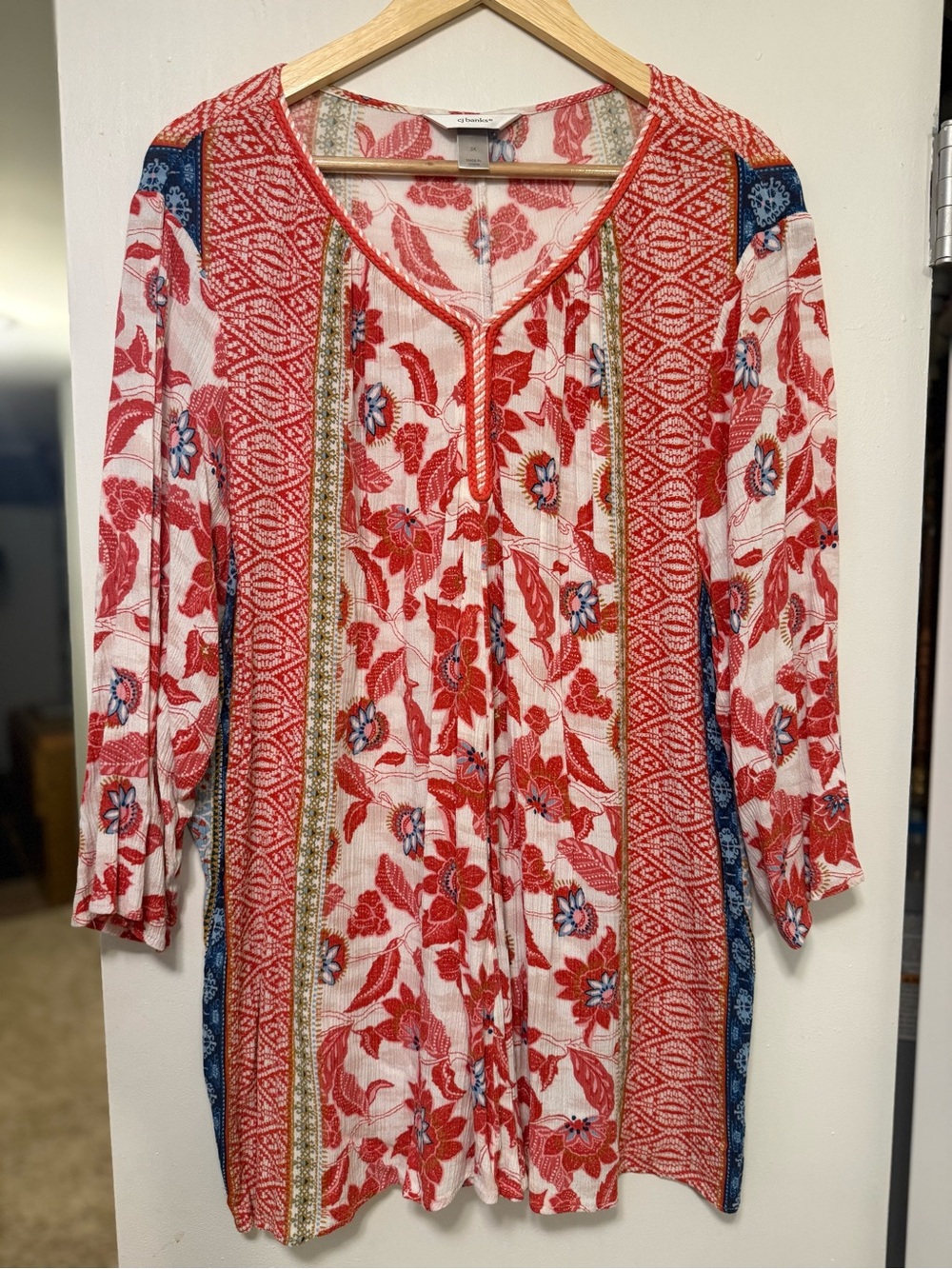 CJ Banks 3X Red Blue Floral Boho Tunic Top 3/4 Sleeve